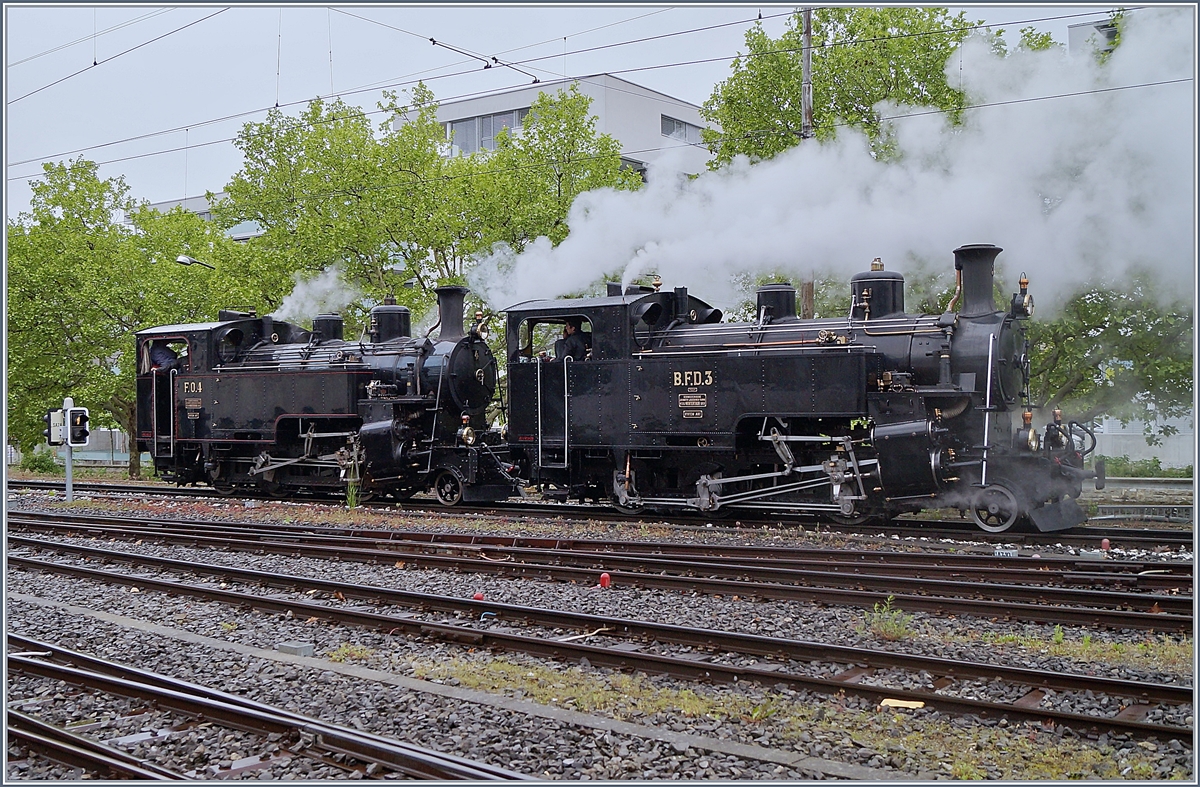 50 Jahre Blonay - Chamby; Mega Steam Festival: Die BFD HG 3/4 N° 3 der B-C und die FO HG 3/4 N° 4 der Dampfbahn Furka Bergstrecke rangieren in Vevey.

13. Mai 2018