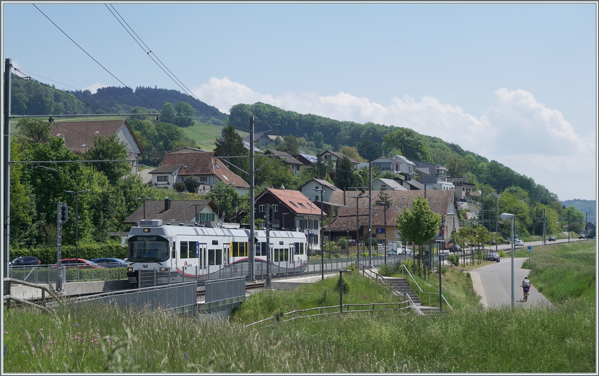 An praktisch der selben Stelle (aber von der Gegenrichtung aufgenommen) ist der AAR ABe 4/8 N° 29 in Zetzwil auf der Fahrt in Richtung Aarau. 

14. Mai 2022