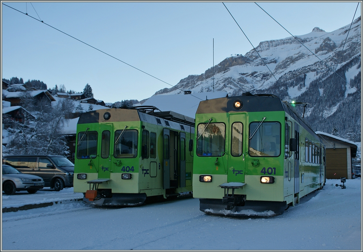 ASD BDe 4/4 401 und 404 in Les Diablerets.
25. Jan. 2014