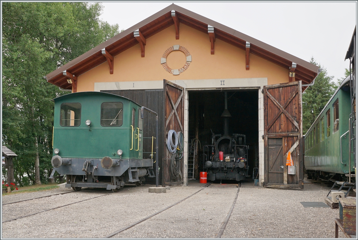 Auch eine  Spitzmaus  steht in Le Pont, der CTVJ (Compagnie du Train a vapeur de la Vallée de Joux) Tm I 102 (98 85 5230 320-4) in ungewohntem Grün steht jedoch zum Fotografieren etwas ungeschickt zu sehr am Schuppen, im welchem sich überraschende verbirgt...

... EIN Tigerli; genauer gesagt die E 3/3 8494; es ist ja nichts Neues, dass CTVJ (Compagnie du Train a vapeur de la Vallée de Joux) EIN Tigerli hat, schon 2006 habe ich Fotos davon gemacht, erneut im Jahre 2009 aber erst jetzt festgestellt, das die CTVJ ZWEI Tigerli hat, die hier zu sehende E 3/3 8494 und links im Schuppen versteckt die 8523! 

6. August 2022