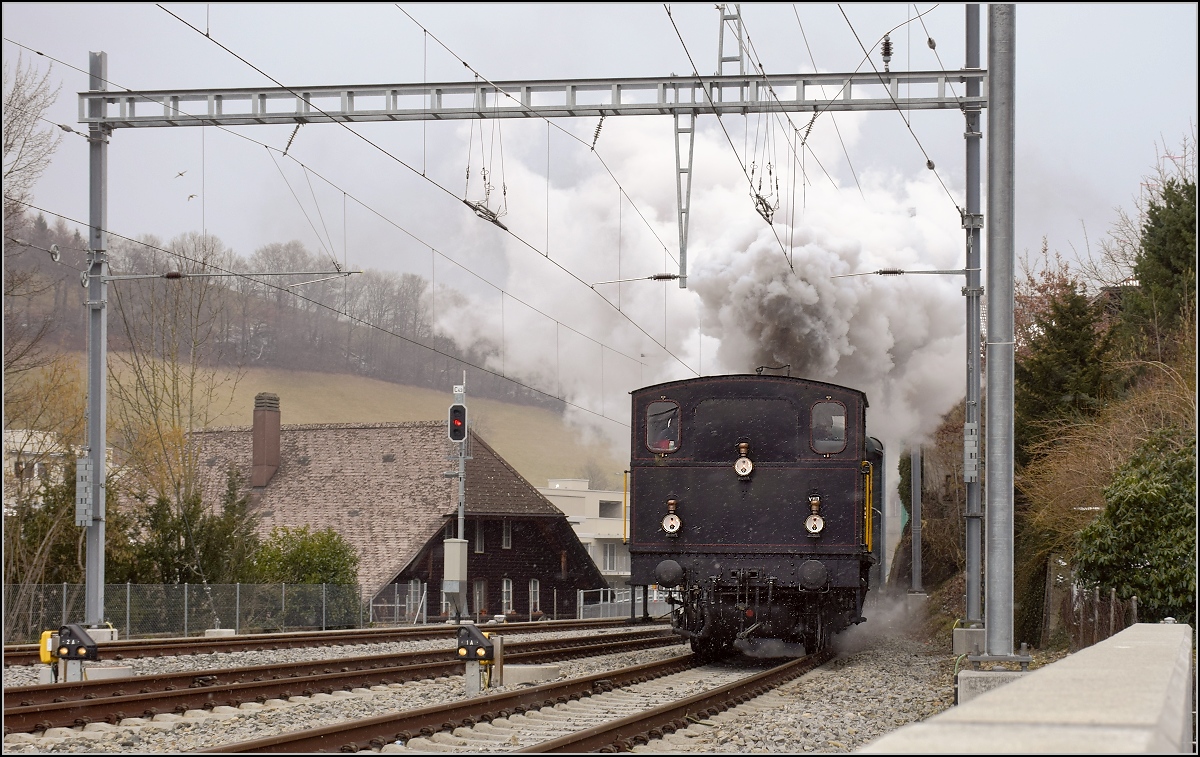 Dampflok Ed 3/4 Nr. 2 der Solothurn-Münster-Bahn in Huttwil. Betreut wird die Lok durch den Verein historische Emmentalbahn. Februar 2018.