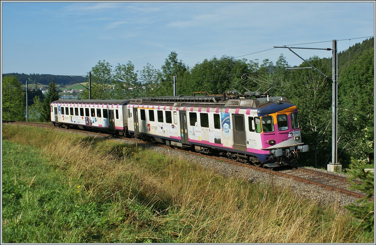 Der etawas arg mit Werbung beklebt ex MThB ABDe 538 316-1  bei der Travys im Vallée de Joux kurz nach Le Pont auf der Fahrt nach Vallorbe.
16. Aug. 2009