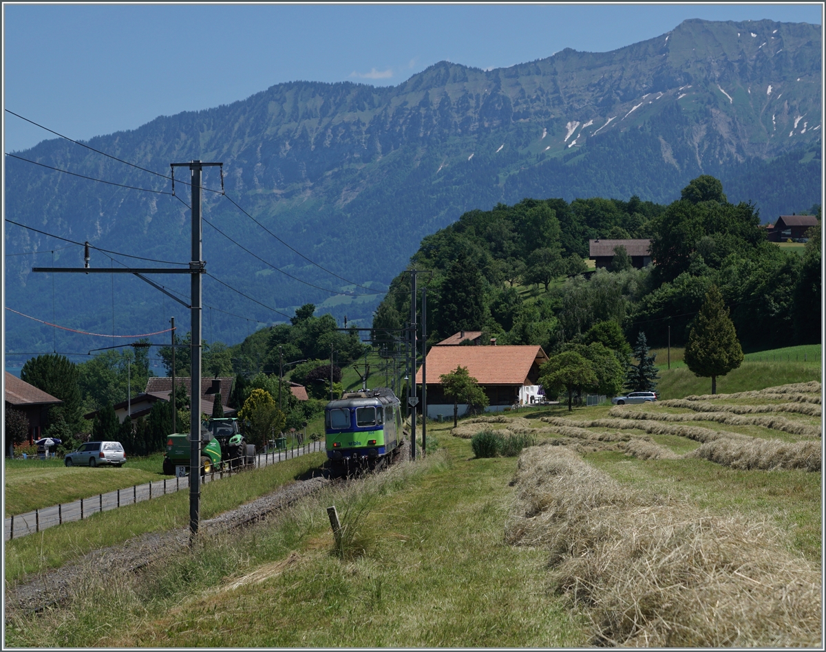 Die BLS Re 4/4 II 504 schiebt bei Faulensee ihren EW III RE von Zweisimmen nach Interlaken Ost.

14. Juni 2021