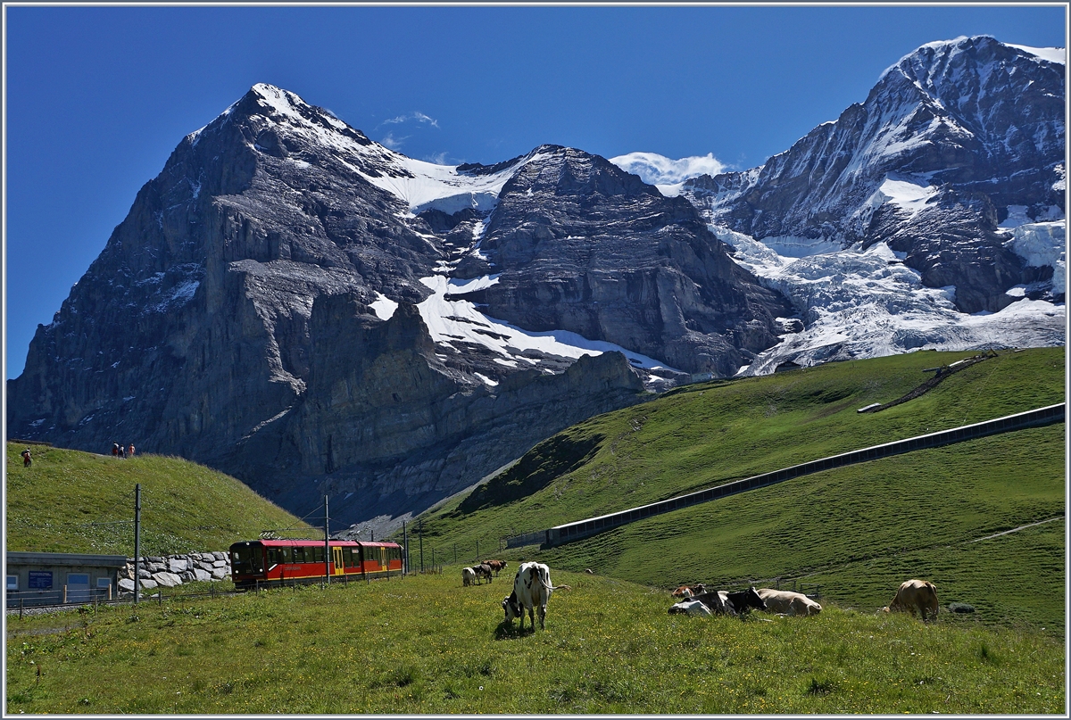 Eiger, Mönch und Jungfraubahn; der neue Jungfraubahn-Zug Bhe 4/8 auf der Fahrt Richtung Kleine Scheidegg.
8. August 2016
