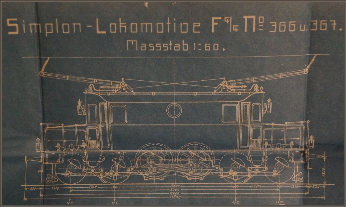 Ein Ausschnitt aus einer Blaupause mit der Fb 4/4 366 und 367 der SBB, datiert vom Januar 1918. Erst knapp ein Jahr vor der Eröffnung der Simplon Strecke, auf drängen der BBC entschied die SBB die Elektrische Traktion durch den Simplontunnel. Durch anderer Bahnen und durch Miete von Drehstromloks konnte dann tatsächlich der Betrieb elektrisch aufgenommen werden. Die hier skizierte Fb 4/4 war dann 1907 bereits eine Weiterentwicklung, die soweit erfolgreich war, das 1919 noch zwei weiter Loks nachbestellt wurden, um die Ausdehnung des Drehstrombetriebs bis Sion bewältigen zu können. Die Bezeichnung der Lok lautet bis 1920 Fb 4/4, 1920 bis 1921 Be 4/4 und ab 1921 Ae 4/4. Nach der Umstellung auf den heute üblichen 15000 Volt 16 2/3 Hertz Wechselstrombetrieb, wurden die Loks 1930 ausgemustert.
Hersteller: BBC und SLM
Stromsystem: 3000 V 16 Hz
Geschwindigkeit: 75 km/h ab 1921 80 km/h
Übersetzungsstufen: 28/37 56 und 74 km/h
Gewicht 70 Tonnen

Hinweis: Die Blaupausen befinden sich in meinem Privat Besitz. 
