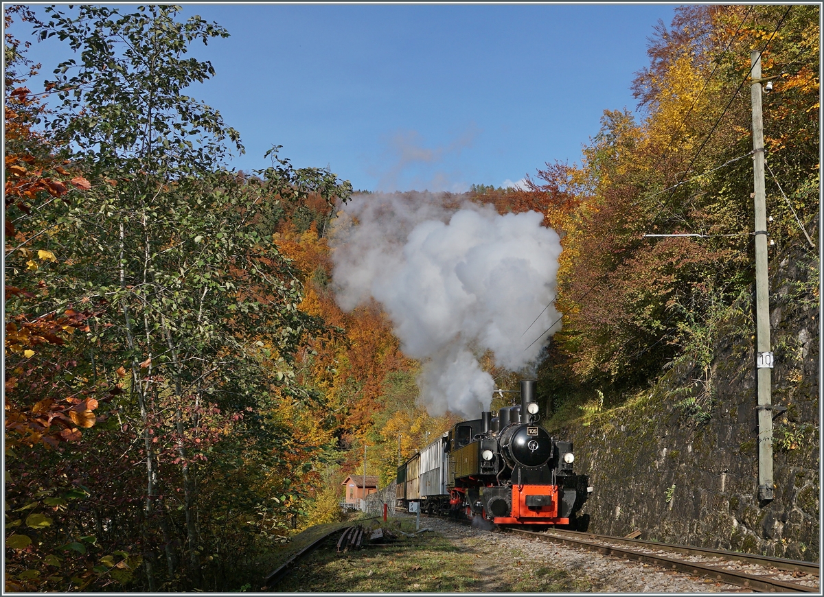  LA DER 2020 du Blonay-Chamby  / Saison Abschluss der Blonay-Chamby Bahn: Mit einem verstärkten Fahrplan und viel Dampf wird vor dem  Winterschlaf  (bzw. Arbeit im Dépôt Chaulin) nochmals viel Betrieb gemacht. Wie am schiefen Fahrleitugnsmast zu sehen ist, darf der lädierte Baye de Clarnes Viadukt nur mit Vmax 10 km/h befahren werden. Folglich macht die G 2x /2/2 N° 105, die bei Vers-chez-Robert den Viadukt verlassen hat nun mächtig Dampf, um in der straken Neigung ihren Zug wieder auf die normale Streckengeschwindigkeit zu bringen. 

24. Okt. 2020