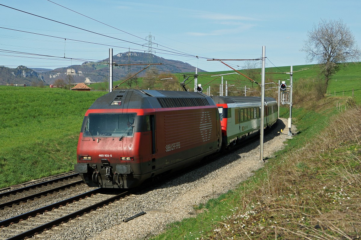 SBB: IC Konstanz-Biel bei Niederbipp am 14. April 2015. Nicht alltäglich ist die Einreihung der Re 460 103-5 vor dem Steuerwagen. Normalerweise werden diese Züge nach Biel geschoben.
Foto: Walter Ruetsch