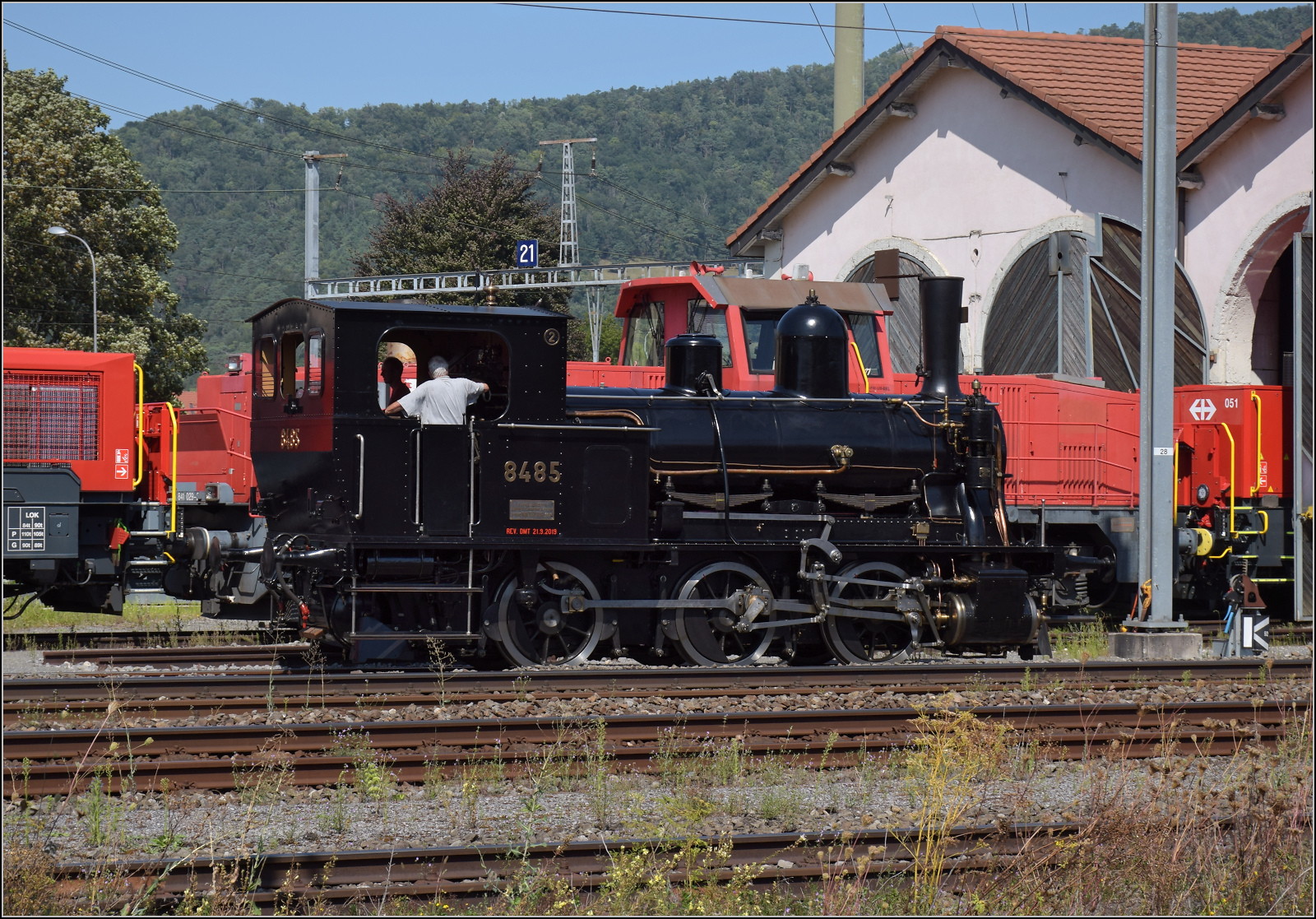 Ein offenes Tor in der Rotunde Del�mont, ein Pfiff, da muss man schauen, was dort vor sich geht. Und Heureka, direkt in eine Abnahme oder Probefahrt des offensichtlich frisch revidierten Tigerlis E 3/3 8485 geplatzt. Mit ihrem frischen Lack glich das Tigerli eher einer Photonenfalle denn einer Raubkatze. So sind zwar wahre Klimmz�ge in der Nachbearbeitung f�llig, das Antlitz der Lok hingegen ist sensationell gef�llig. Bemerkenswert sind auch die 117 Jahre Altersunterschied zwischen den Rangierloks, von denen das aus dem Schuppen herauslugende N�schen erst dieses Jahr ausgeliefert wurde. August 2024.