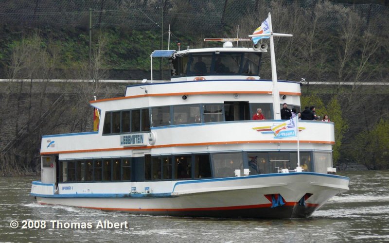 Name:  LIEBENSTEIN  / Baujahr: 1985 / Bauwerft: Schiffswerft Schmidt in Remagen-Oberwinter (Deutschland) - Baunummer 210 / Flagge: Deutschland / L�nge: 37,80 m / Breite: 8,20 m / Tiefgang: 1,20 m / 420 Passagiere / Antrieb: 600 PS / Eigner ~ Betreiber: Loreley-Linie Weinand Personenschiffahrt GmbH in Kamp-Bornhofen (Rainer Weinand) / Heimathafen: Kamp-Bornhofen / Fahrtgebiet: Rhein / Schiffs- oder Registriernummer: 04305950 / Bemerkung: 
