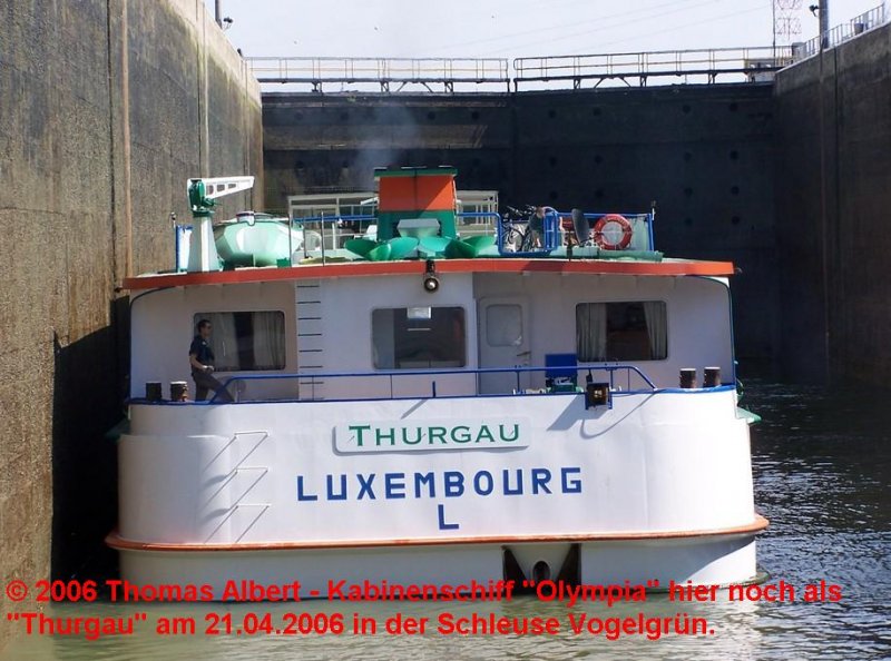 Name:  OLYMPIA  (ex  THURGAU  – 2007 , ex  VENEZIA  - 1999 , ex  OLYMPIA  - 1997 / Baujahr: 1984 / Bauwerft: J.H. van Eijk & Zn. in Sliedrecht (Niederlande) / Flagge: Schweiz (ex Luxemburg bis 2007 , ex Schweiz bis 1999) / L�nge: 88,50 m / Breite: 10,50 m / Tiefgang: 1,35 m / 96 Passagiere / Antrieb: 2 x Caterpillar mit je 785 PS / Eigner ~ Betreiber:  Fluvia AG in Basel (ex Renaissance Cruises SA in Luxemburg bis 2007 , ex Scylla Tours AG in Basel bis 1999 , Lisca Leasing AG in Basel in 1984)  / Heimathafen: Basel (ex Luxembourg bis 2007 , ex Basel bis 1999) / Fahrtgebiet: Rhein / Schiffs- oder Registriernummer: 08046009 (ex 8000141 , ex 7001408 ) / Bemerkung:  Im Lauf des Jahres 2007 betrat Fluvia den schnell wachsenden Markt der Flusskreuzfahrten durch eine 50 % Beteiligung am Flusskreuzfahrtschiff ms Olympia. Das Schiff wird von europ�ischen Reiseveranstaltern gechartert. Obwohl es noch zu fr�h ist, um diese Aktivit�t als einen Teil der Kernaktivit�ten von Fluvia zu betrachten, ist es zweifellos ein erster Schritt in einen neuen europ�ischen Nischenmarkt.  (Quelle:  http://www.fluvia.de/de/company_profile 07.12.2008)