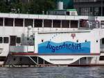 Weitere Fotos:  J.FR.B�TTGER  (1963) - Der Radkasten auf Steuerbord - auch ohne Schaufelrad, daf�r mit Logo als  Jugendschiff .