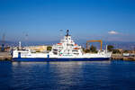 Die FATA MORGANA (IMO 8506543) ein Ro-Ro Fährschiff der Bluferries (ein Unternehmen der Gruppe FS - Ferrovie dello Stato Italiane), liegt am 20.07.2022 beim Fährterminal von Messina.