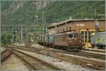 BLS Re 4/4 161- 162  Prototypen 1964, als Ae 4/4 II 261- 262 abgeliefert; die Re 4/4 162  Court  erreicht mit einem Güterzug von der Löschberg Bahn kommend den Bahnhof Brig.