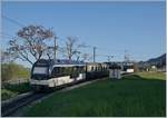 Der MOB GoldenPass Belle Epoque Zug in einer Corona bedingten Mini-Variante mit nur einem Zwischenwagen bei Châtelard VD. 11. April 2020