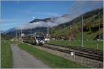 Der von Sarah Morris gestaltete Lenkerpendel  Monarch , bestehend aus ABt 341, Be 4/4 5001 und Bt 241, unterwegs als Regionalzug nach der Lenk beim Halt in Boden.